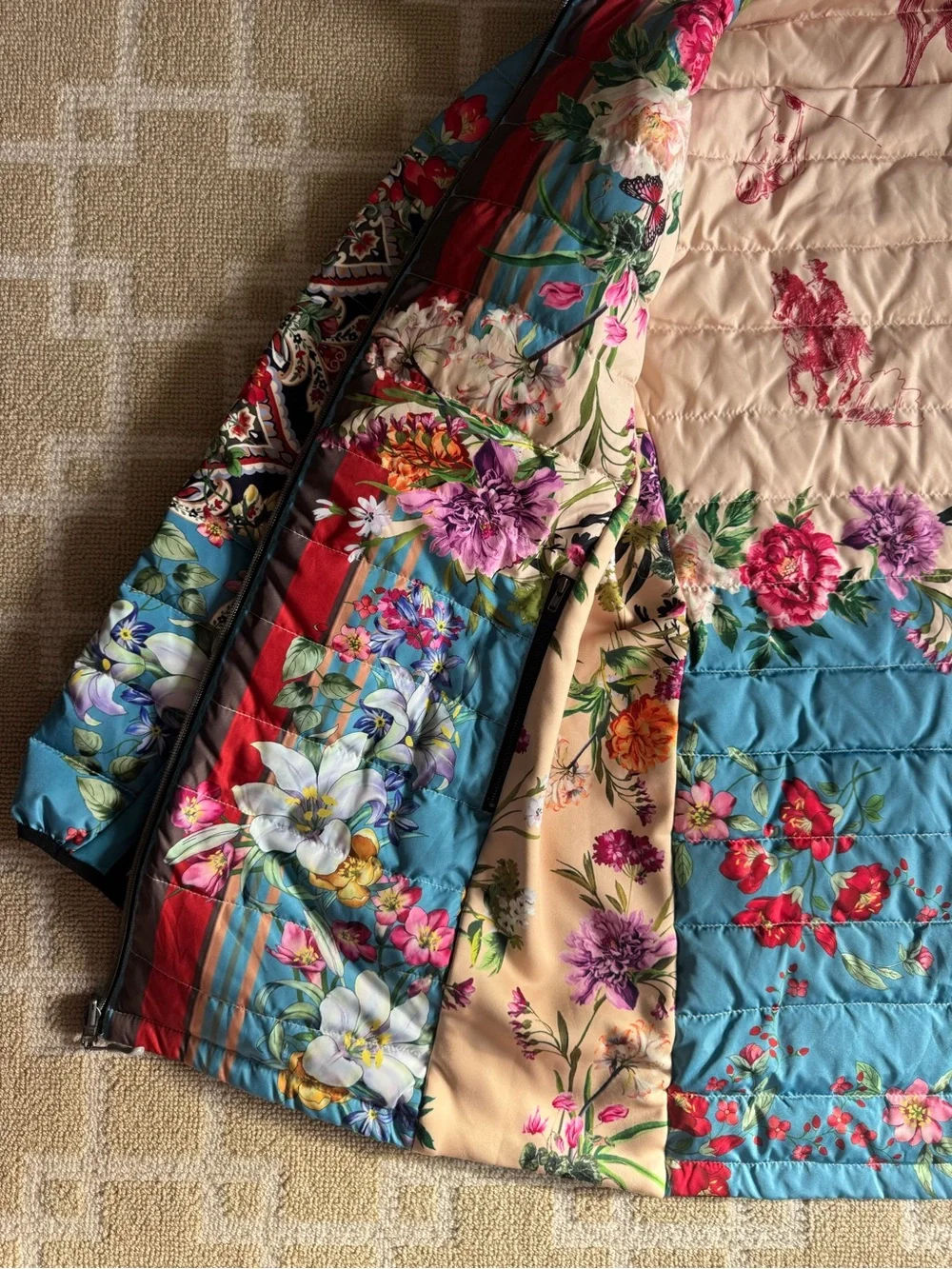 Johnny Was Santa Fe Reversible Down Puffer Parka Teal Multicolor Floral Large